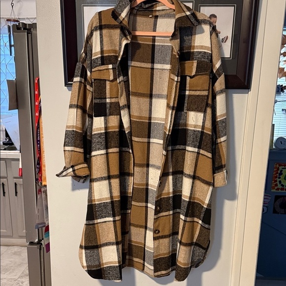 Jackets & Blazers - Plaid Oversized Shirt Jacket - Brown, Black, White